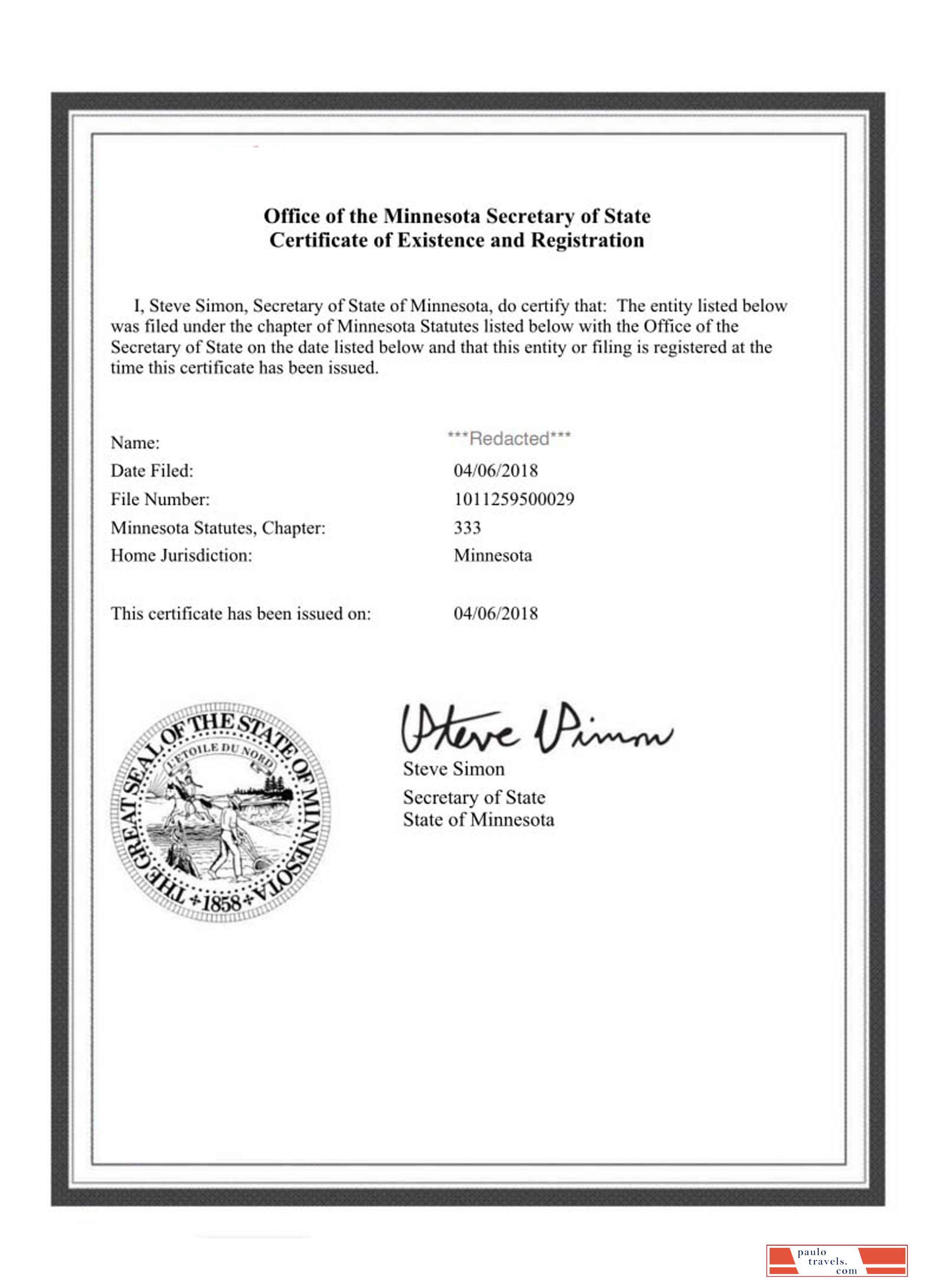 USA Minnesota certificate of good standing